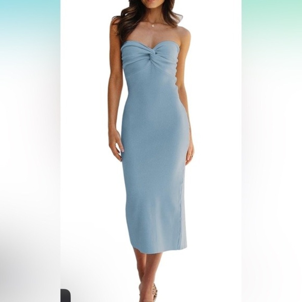 Lillusory Light Blue Strapless Ribbed Knit Twist Front Midi Dress LS048 Small